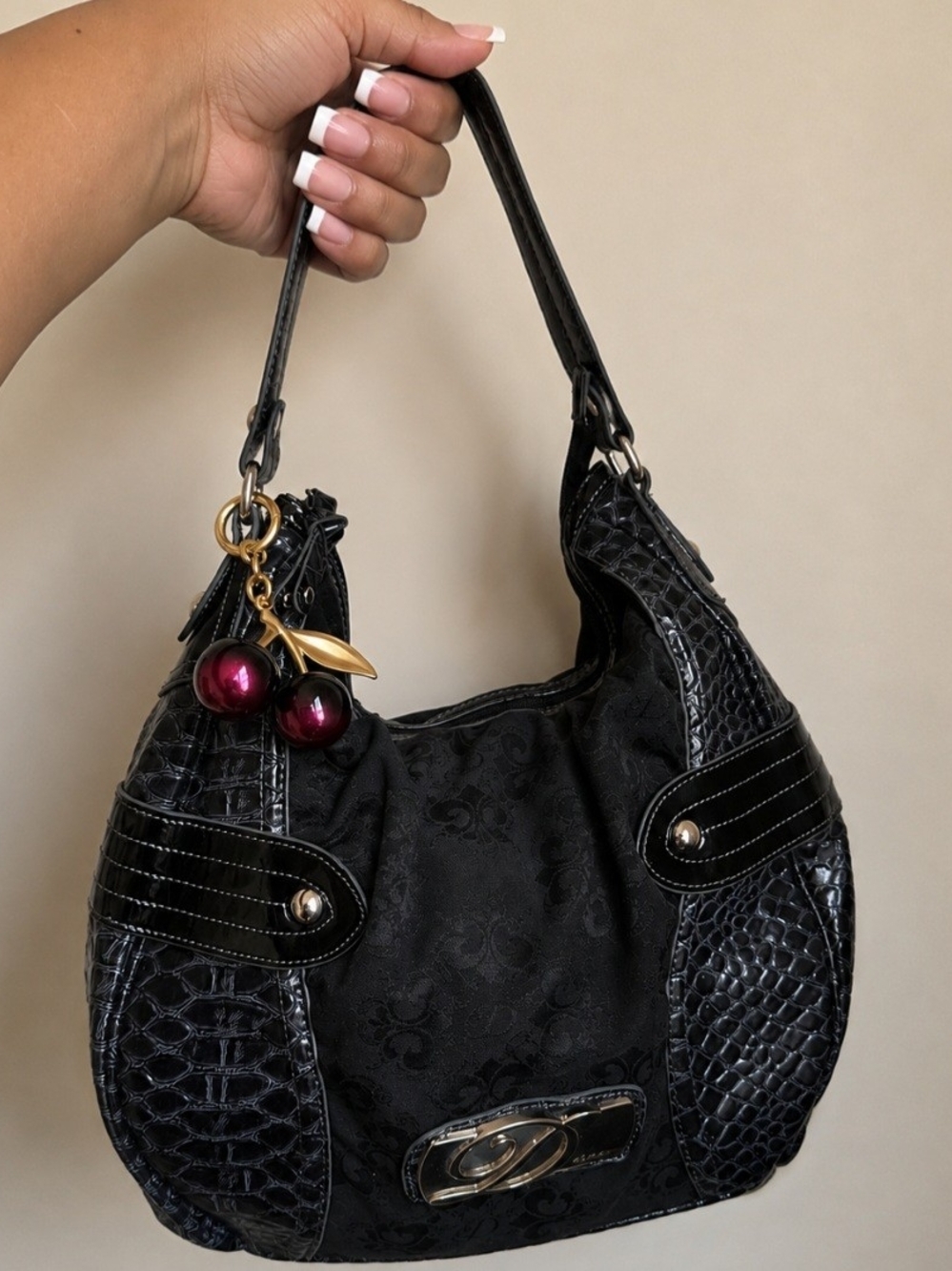 Deréon Black Shoulder Bag with Cherry Charm